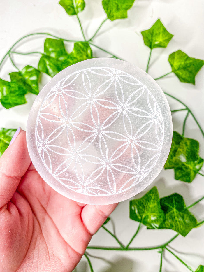 Satin Spar Selenite Flower of Life Circle Charging Plate