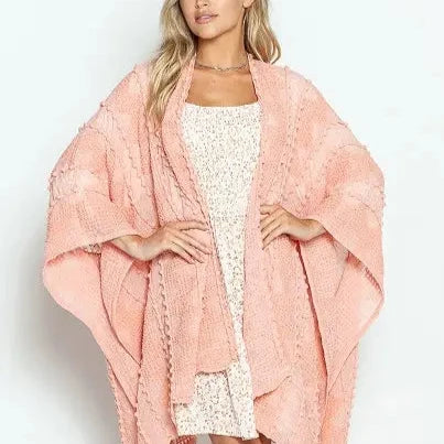 Soft Textured Cover-Up Kimono With Pom Detail