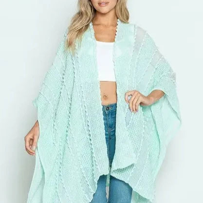 Soft Textured Cover-Up Kimono With Pom Detail