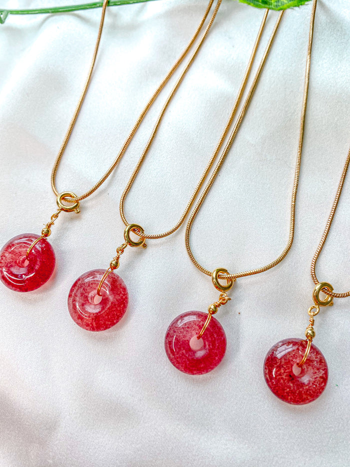 Strawberry Quartz Donut Pendant Necklace