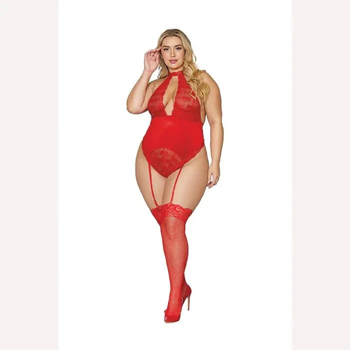 Stretch Lace & Velvet Garter Teddy Lipstick Red Q/s Intimates Adult Boutique