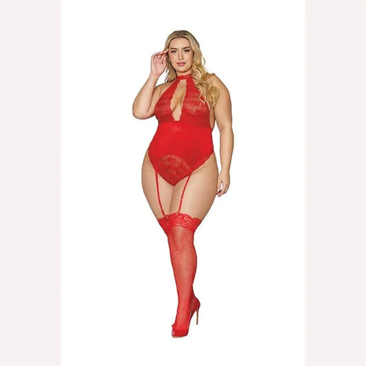 Stretch Lace & Velvet Garter Teddy Lipstick Red Q/s Intimates Adult Boutique
