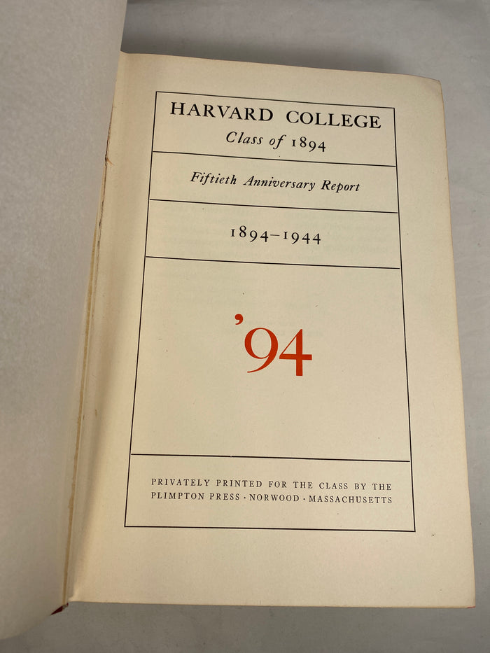Vintage Book, Harvard College Class of 1894 Fiftieth Anniversary Report 1894-1944 at Duckwells