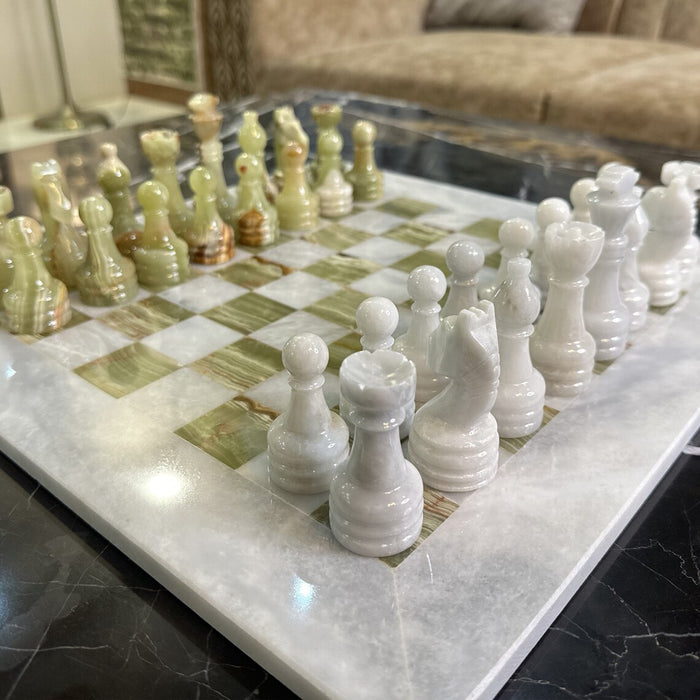 White and Green Onyx Marble Chess Set 15 Inches | Handcrafted Natural Stone