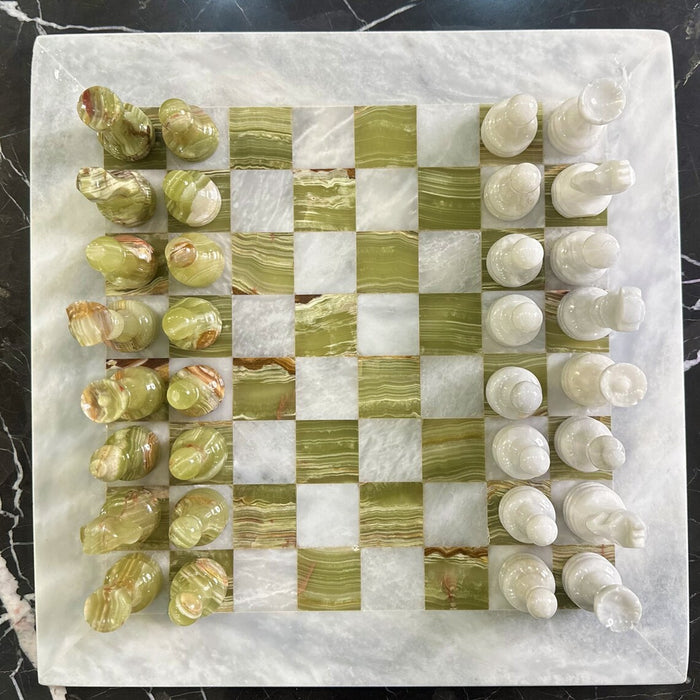 White and Green Onyx Marble Chess Set 15 Inches | Handcrafted Natural Stone