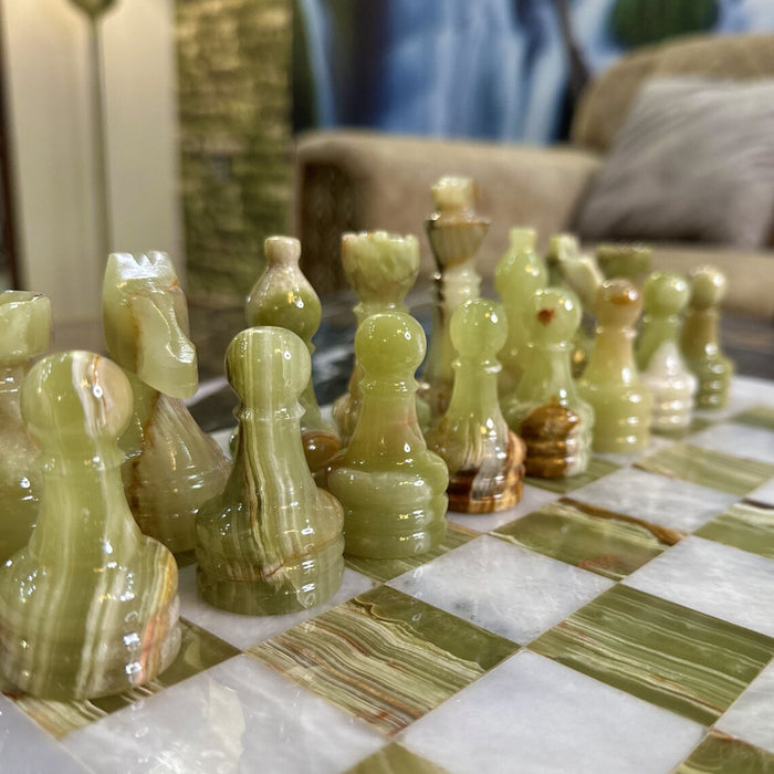 White and Green Onyx Marble Chess Set 15 Inches | Handcrafted Natural Stone