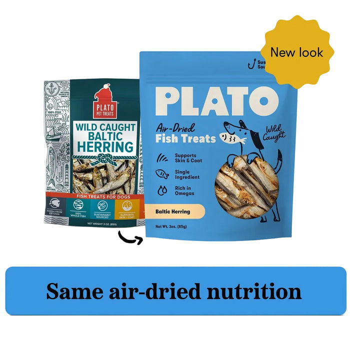 Plato wild caught baltic herring old packaging next to new Plato air-dried fish treats baltic herring packaging. New look, same air-dried nutrition